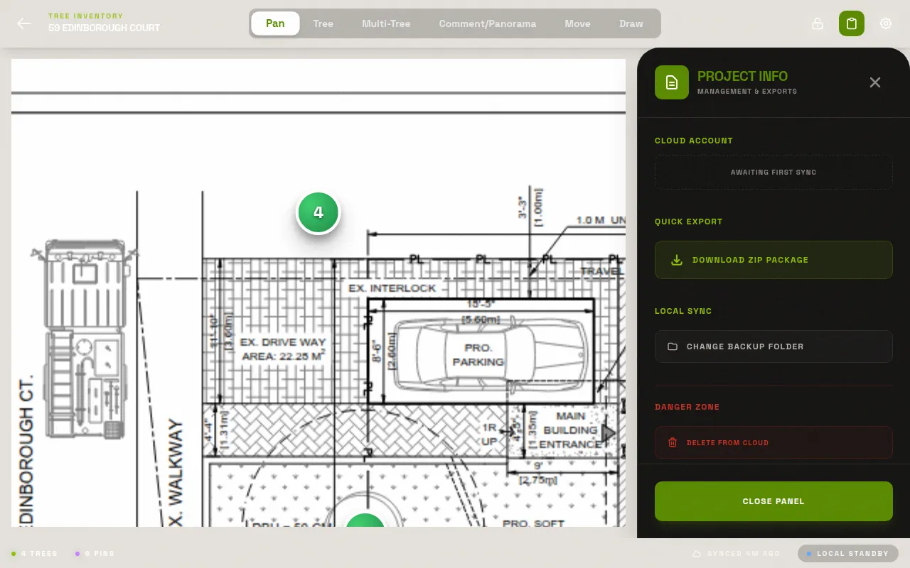 LogLog project info panel showing the Download ZIP Package export option