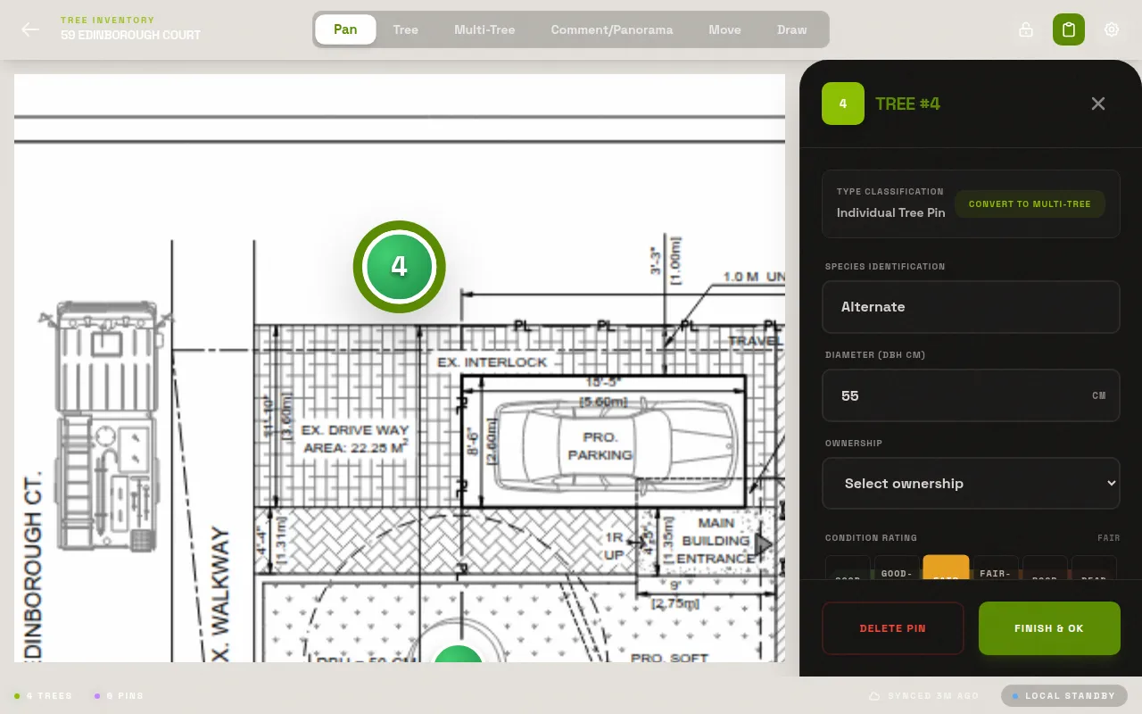 LogLog workspace showing a site plan PDF with numbered tree pins and the tree data editor panel