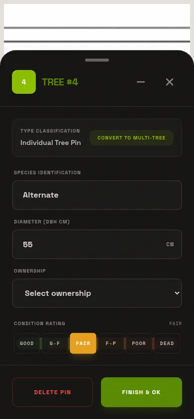 LogLog mobile data entry panel showing species, DBH, and condition fields for a tree record
