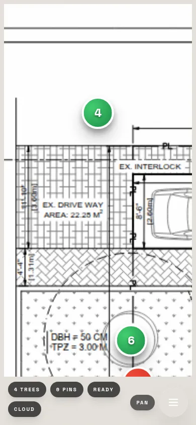 Mobile view of the LogLog workspace showing tree pins on a site plan with sync status bar