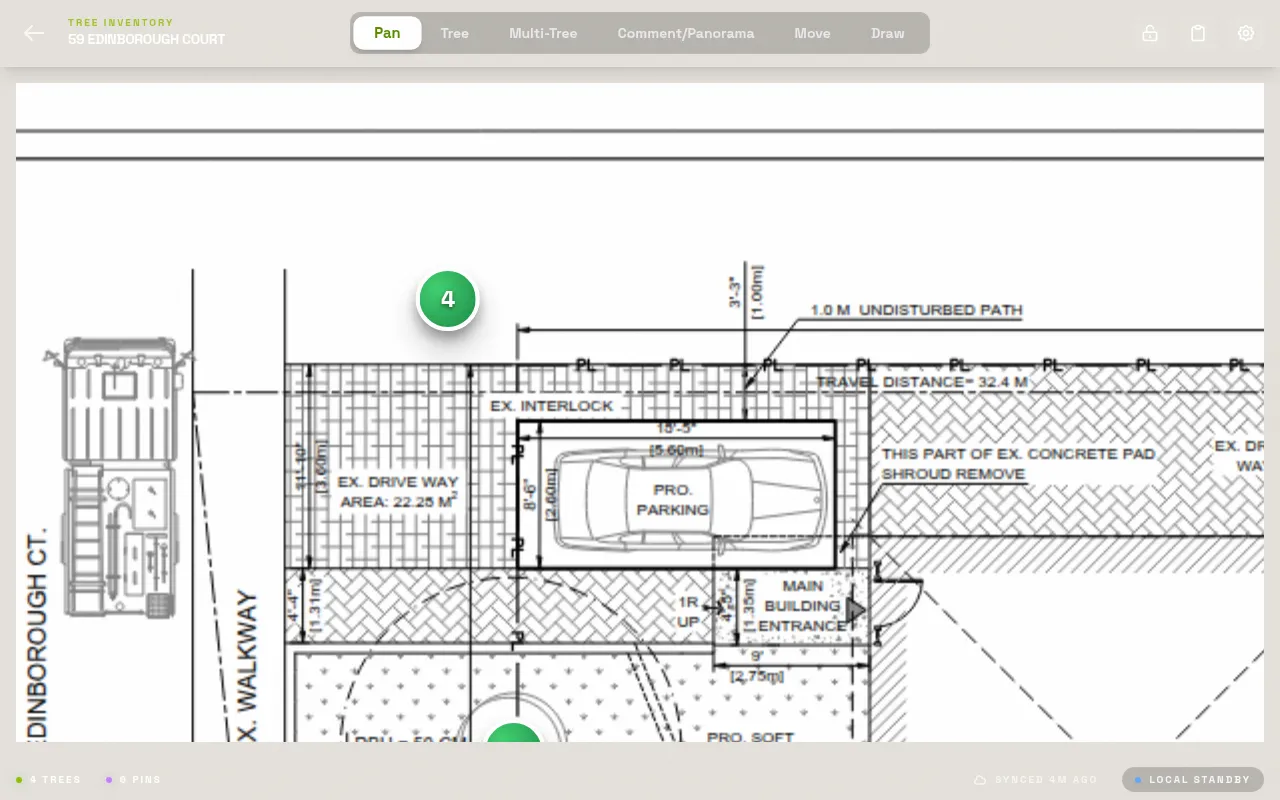Close-up of a PDF site plan with numbered tree marker pins placed on the drawing
